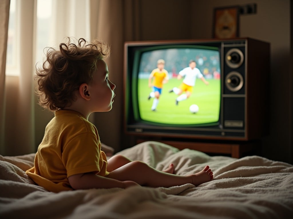 A young child sits cross-legged on a bed, completely mesmerized by an old television set. The TV screen shows two players playing soccer on a green field, capturing the child's full attention. Soft, natural light filters through the curtains, creating a warm and inviting atmosphere. The child has curly hair and is wearing a bright yellow shirt. The vintage television adds a nostalgic feel to the scene.