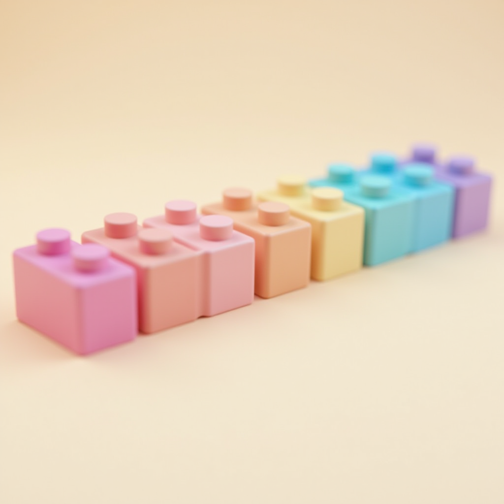 A row of pastel-colored toy building blocks arranged in a gradient on a light background.