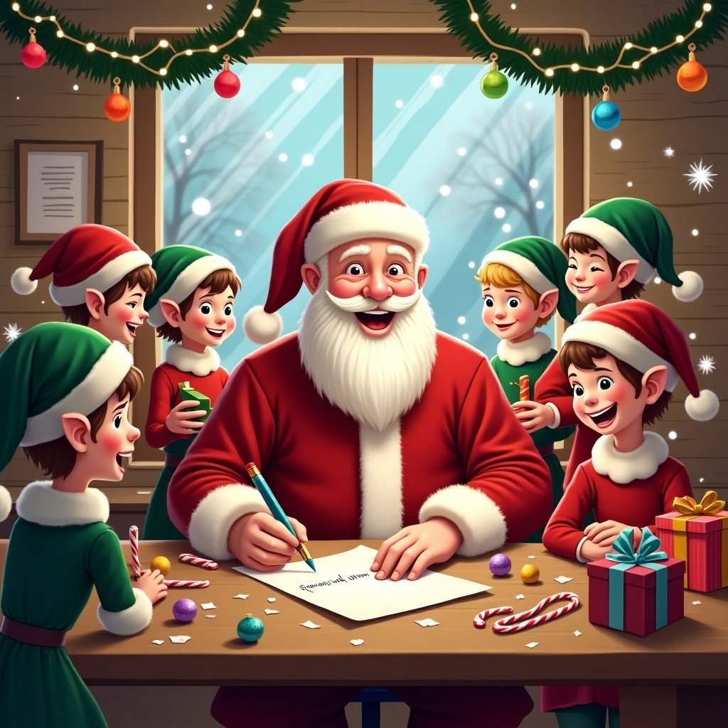 This image depicts a joyful Christmas scene inside a bustling workshop. Santa Claus is at the center, writing a list while surrounded by cheerful elves. Each elf is wearing a festive outfit, with green hats and red clothing, engaging in various activities that radiate holiday cheer. The table is adorned with brightly wrapped presents and scattered decorations like candy canes and colorful ornaments. Through the cozy window, snow is visible, enhancing the wintery feel. Warm lights and holiday decorations fill the room, creating a perfect festive atmosphere.