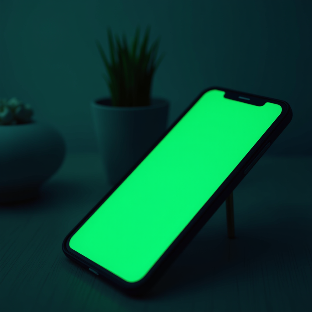 A smartphone with a bright, green screen illuminating a dimly lit room with potted plants.