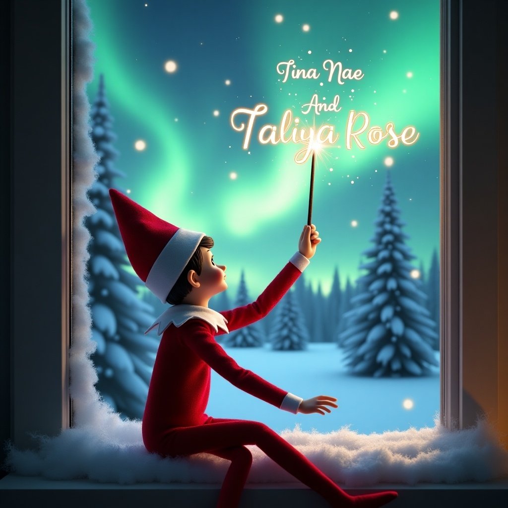 The image features an adorable elf on the shelf sitting on a window ledge, viewing a stunning display of northern lights. The background is a winter wonderland filled with snow-covered pine trees. Dressed in a vibrant red outfit with white trim, the elf embodies the Christmas spirit. The scene is illuminated by enchanting colors from the aurora borealis. The elf uses a magic wand to create twinkling sparks while writing names in the sky, enhancing the festive atmosphere.