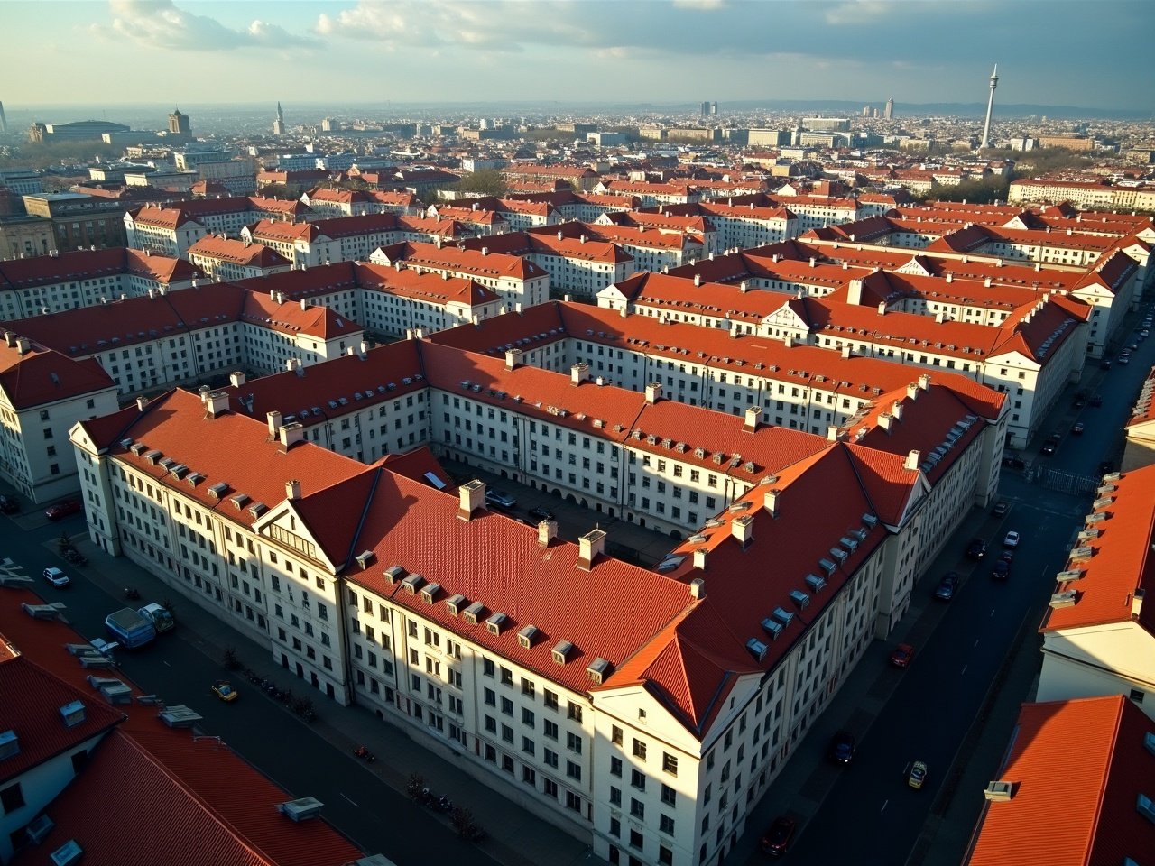 A panoramic view of Berlin showcases the cityscape with an intricate layout of buildings. The structures are arranged in a geometric pattern, creating unique shapes, highlighted by their warm, reddish roofs. The cinematic colors enhance the scene, bringing out the contrasting hues of the buildings and the sky. Dramatic lighting casts shadows that accentuate the architectural details, creating a visually striking effect. The image captures not only the beauty of the urban design but also the vibrant atmosphere of the city.