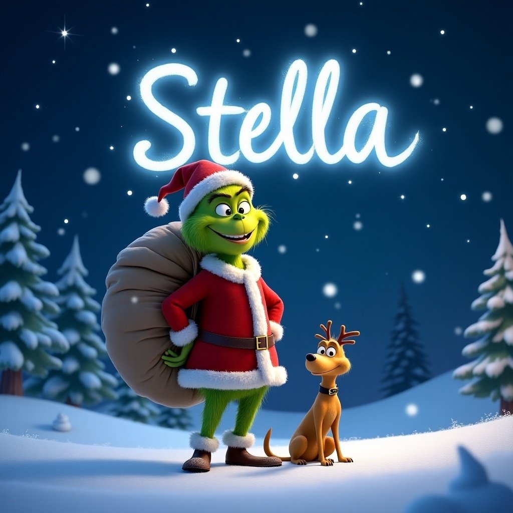 A smiling Pixar themed Grinch stands in a snowy landscape, writing the name 'Stella' in the night sky with a magical light. He wears a traditional red suit with white trim and carries a large sack on his back. His companion Max is in the background smiling too. The background features a starry night sky with sparkling stars. Snowflakes gently fall around him, creating a festive atmosphere. Pine trees are visible in the distance, adding to the winter wonderland feel.