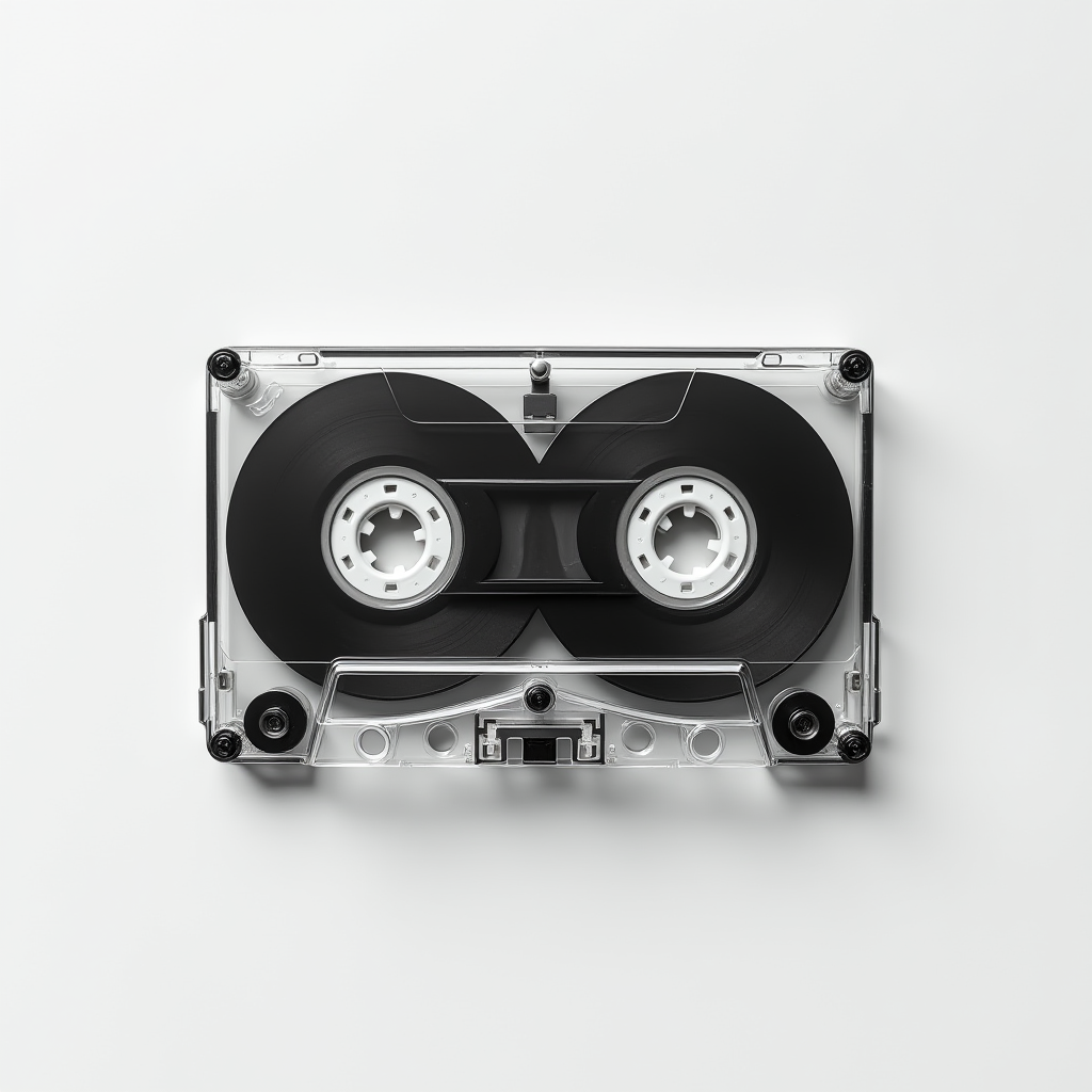 A classic black and transparent cassette tape is placed on a plain white background, showcasing its reels and intricate details.