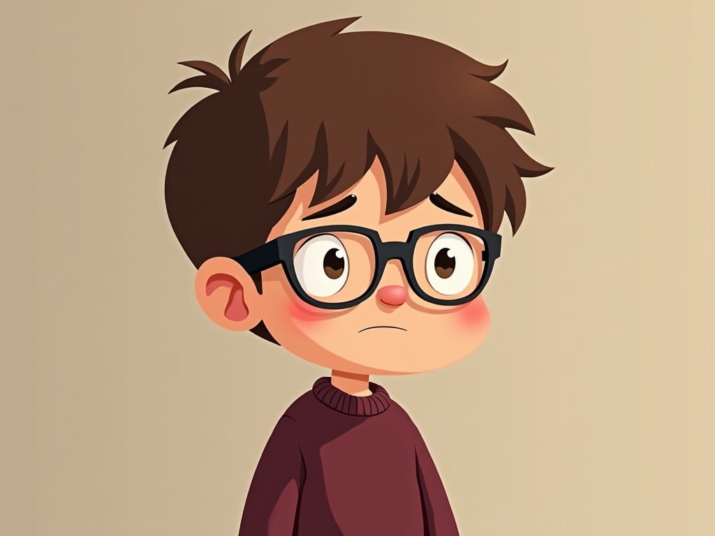 This image features a cartoon boy with brown hair and glasses, wearing a burgundy jumper. He has a sad expression on his face, conveying an emotional story. The background is a simple beige, allowing the focus to remain on the boy. His large eyes and slight blush enhance the feeling of vulnerability. Overall, it visually represents a character that may be relatable to children in various contexts.