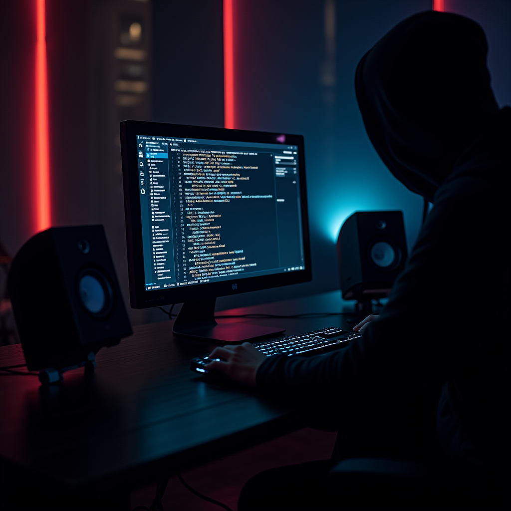 A person in a hooded sweatshirt working on a computer with code on the screen, set against a moody, neon-lit room.