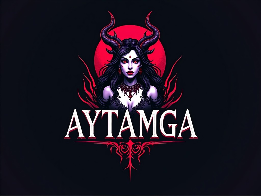 Design a logo for a horror game called Aytamga. The logo features a goddess from Turkic mythology, presented in a sexy and beautiful manner. She should be the central focus of the logo along with the game title. Use a prominent color palette of black, red, white, and purple tones for both the text and the imagery. The design should evoke feelings of mystery and allure, capturing the essence of the horror theme uniquely and artistically. Include elements that reflect Turkic mythology to add cultural depth.