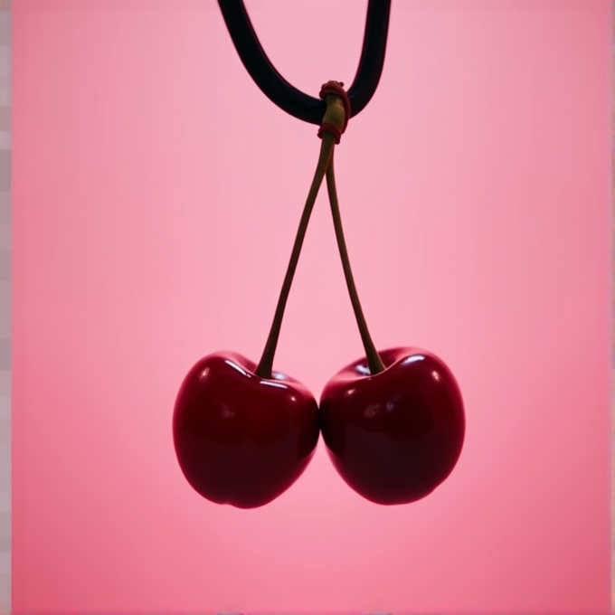 Two red cherries with stems are tied together against a pink background.