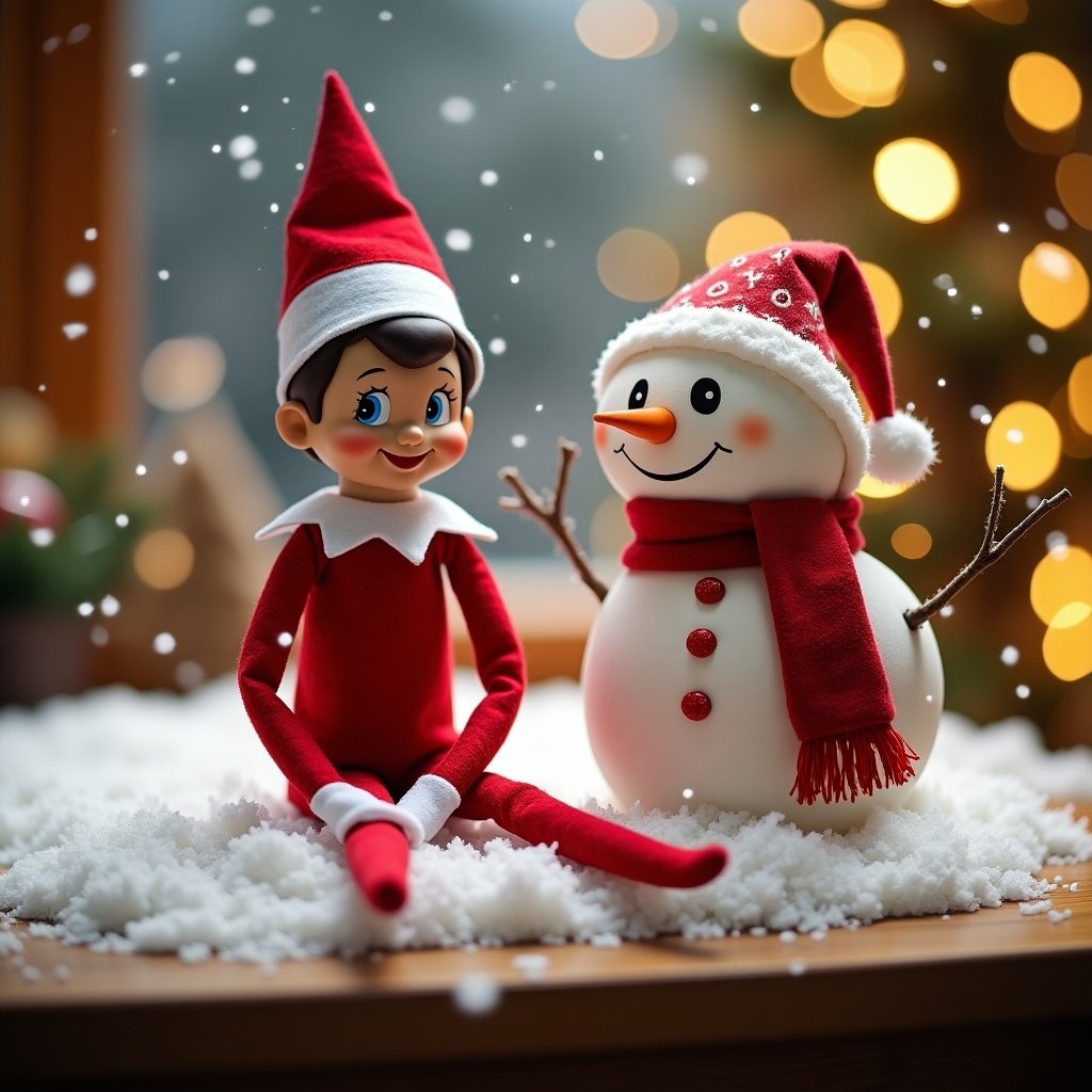 A cheerful elf on the shelf and a cute snowman are lively characters playing together during the joyous Christmas season. They sit cozily on a wooden table, surrounded by the enchanting glow of twinkling lights that enhance the festive mood. The elf is dressed in a classic red and white outfit, complete with a pointed hat, exuding a playful charm. Beside the elf, the snowman, decorated with a friendly smile and a vibrant red scarf, adds to the delightful scene. Together, they are engaging in a fun activity, spelling out the name 'Harper' in snowy letters. The entire setup evokes a cold yet inviting atmosphere, perfectly capturing the essence of holiday celebrations.