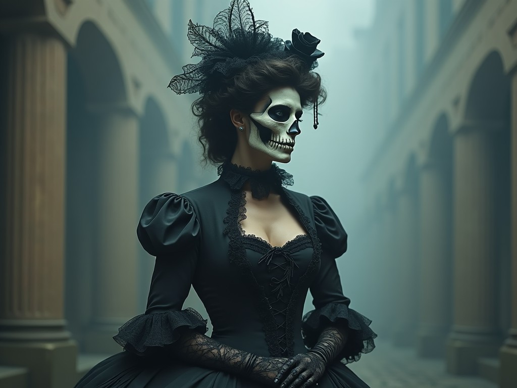 The image depicts a Victorian woman adorned with an ornate outfit and striking skull face makeup. She stands in a foggy corridor, accentuating the eerie yet elegant vibe. The woman’s dress features intricate lace and ruffles, complemented by a dramatic headpiece. The fog and soft lighting create a mysterious atmosphere. This artwork seamlessly blends Gothic elements with Victorian fashion, capturing a unique aesthetic that resonates with fans of the dark and whimsical.