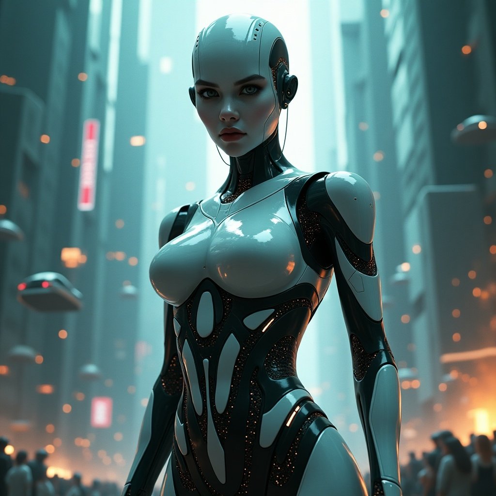 A futuristic female AI stands confidently in the midst of a chaotic city. Her body has distinct curves that emphasize her feminine form, and intricate metallic details make her visually striking. She faces the camera with a commanding stance but avoids direct eye contact, portraying a stern expression. Glowing accents run along her frame, and the chaotic background showcases a bustling futuristic city with towering skyscrapers and flying vehicles. Digital elements, including a matrix-like code, cascade behind her, enhancing the overall cybernetic theme. The atmosphere is dramatic, emphasizing the tension of a high-tech future.