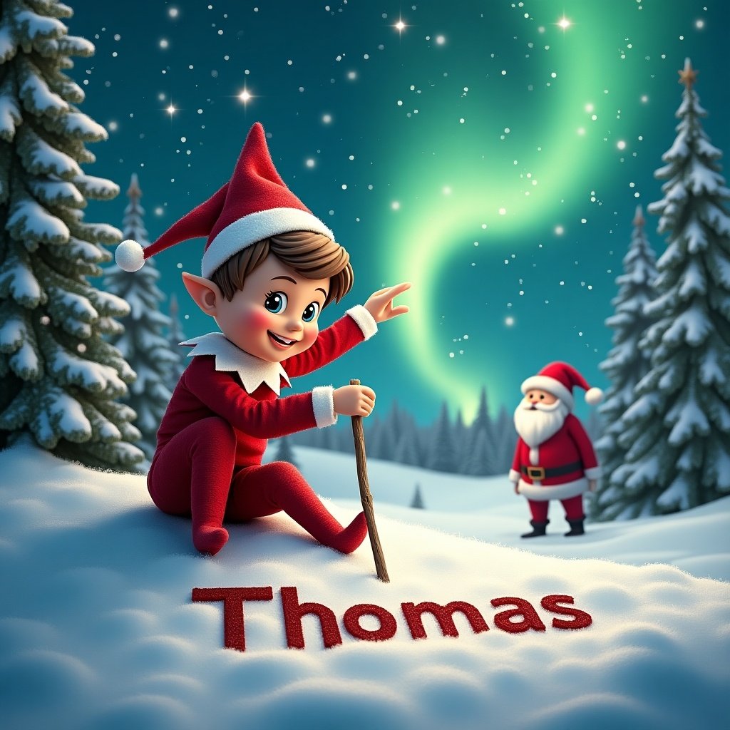 This image showcases a charming scene set in a winter wonderland. A boy elf, dressed in a bright red outfit, is playfully writing the name 'Thomas' in the snow using a stick. He appears joyful and inviting, basking in the glow of sparkling northern lights above him. Surrounding him are snow-covered pine trees that enhance the festive mood. In the background, Santa Claus is visible, adding to the enchanting Christmas vibe of the scene. Overall, this lively imagery radiates warmth and holiday spirit, making it perfect for the season.