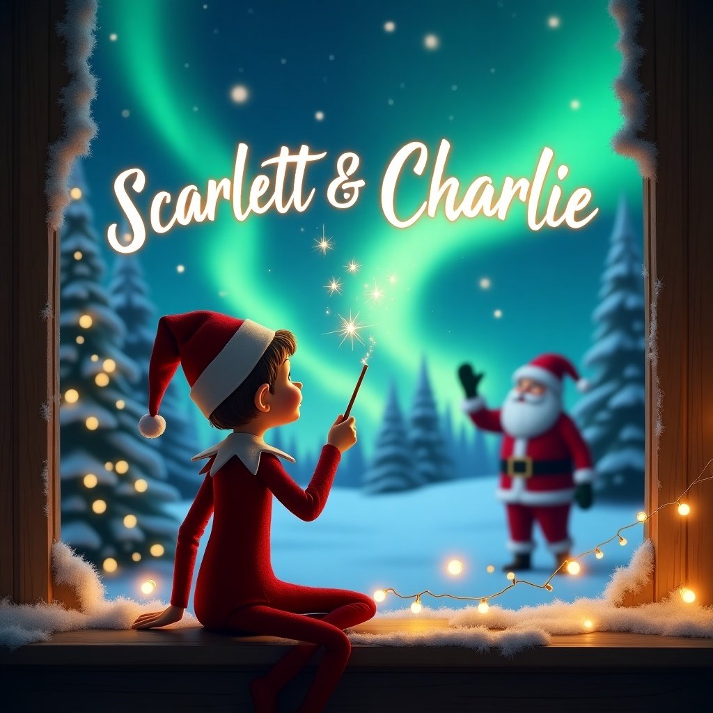 This image features an elf sitting on a window sill with its back to the viewer, gazing up at the night sky. The elf is using a wand to elegantly write the names 'Scarlett & Charlie' in the sky. Behind the elf, there is a magical Christmas landscape illuminated by beautiful northern lights. In the distance, Santa Claus can be seen, waving cheerfully. The scene is cozy, adorned with festive decorations like lights and snowflakes. It captures the essence of holiday cheer and the magic of Christmas.