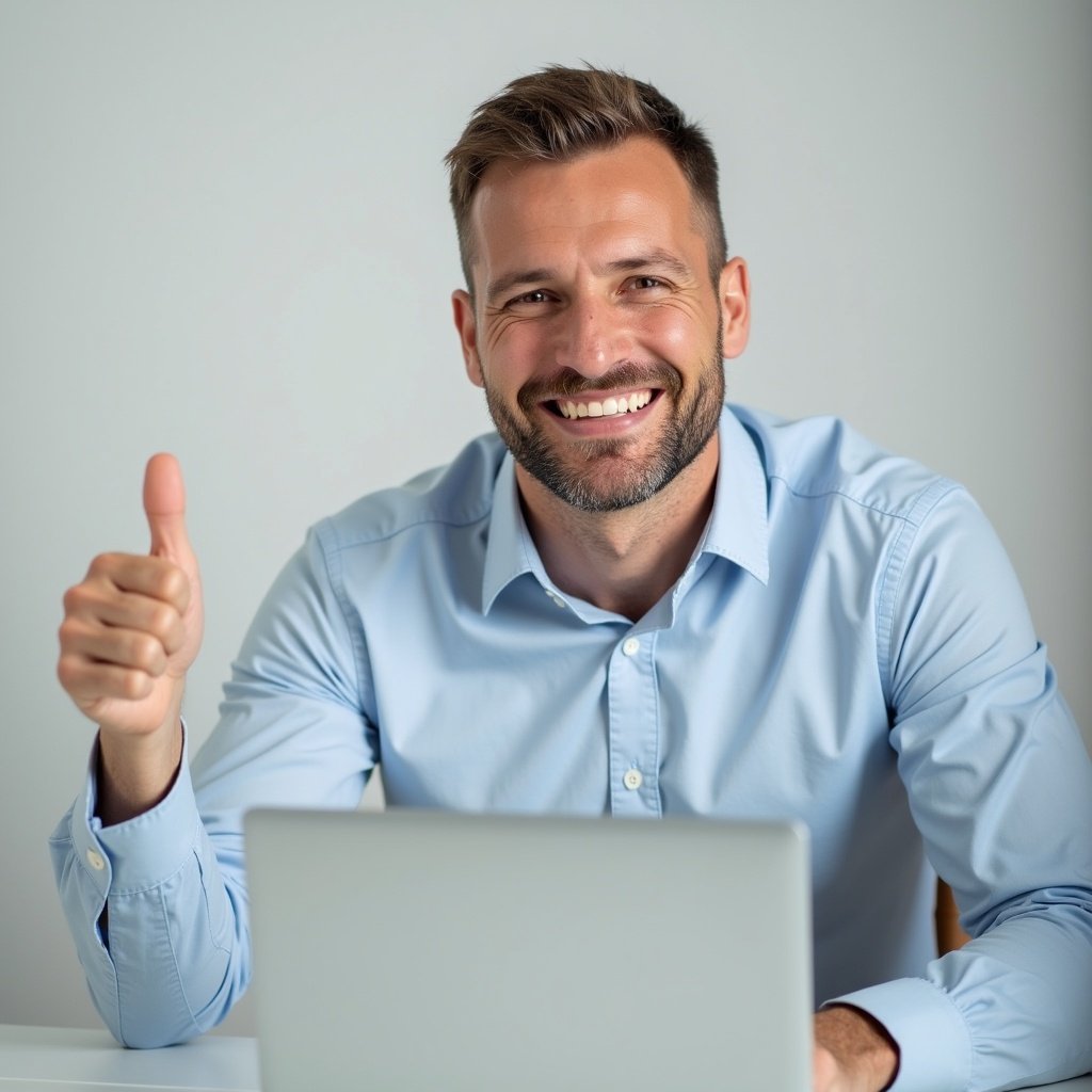 A white man is sitting at a desk in front of a laptop. He is wearing a light blue button-down shirt. His face is lit up with a big smile as he gives a thumbs-up with his left hand. The background is a soft, neutral color, emphasizing his positive expression. The setting is professional, suggesting a corporate environment. Overall, the image conveys success and motivation in the workplace.