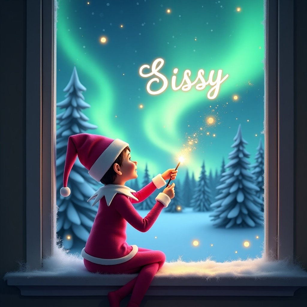 The image showcases a charming elf on the shelf seated on a window ledge, with her back to the viewer. She wields a magical wand that releases sparkling sparks as she gazes at the magnificent northern lights. The name 'Sissy' is artfully written in the sky, adding a personal touch. Surrounding her is a picturesque winter wonderland filled with snow-draped pine trees, enhancing the festive atmosphere. The elf, dressed in a playful pink outfit with white trim, embodies the joyful spirit of Christmas as the scene is aglow with the vibrant colors of the aurora borealis, creating a truly magical setting.