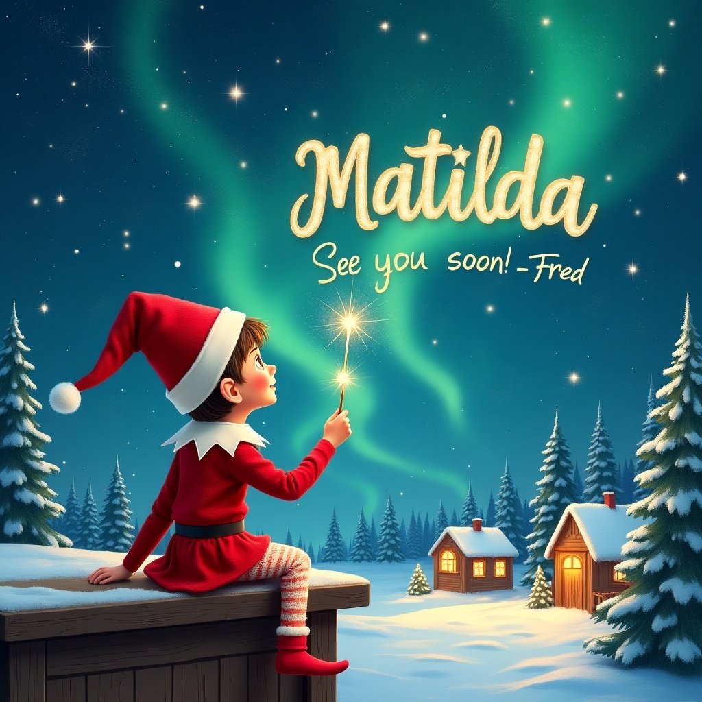 An elf sits on a wooden ledge with its back to the camera, gazing at a magical sky. Dressed in a red outfit with a pointed hat, the elf holds a sparkling wand. With the wand, the elf writes the name 'Matilda' in the starry sky. The scene is painted with a snowy landscape, charming little houses, and evergreen trees under shimmering Northern Lights. This whimsical depiction captures the essence of childhood magic and Christmas cheer. The elf elegantly adds the words 'See you soon! -Fred' in the same starry sky, enriching the magical atmosphere.