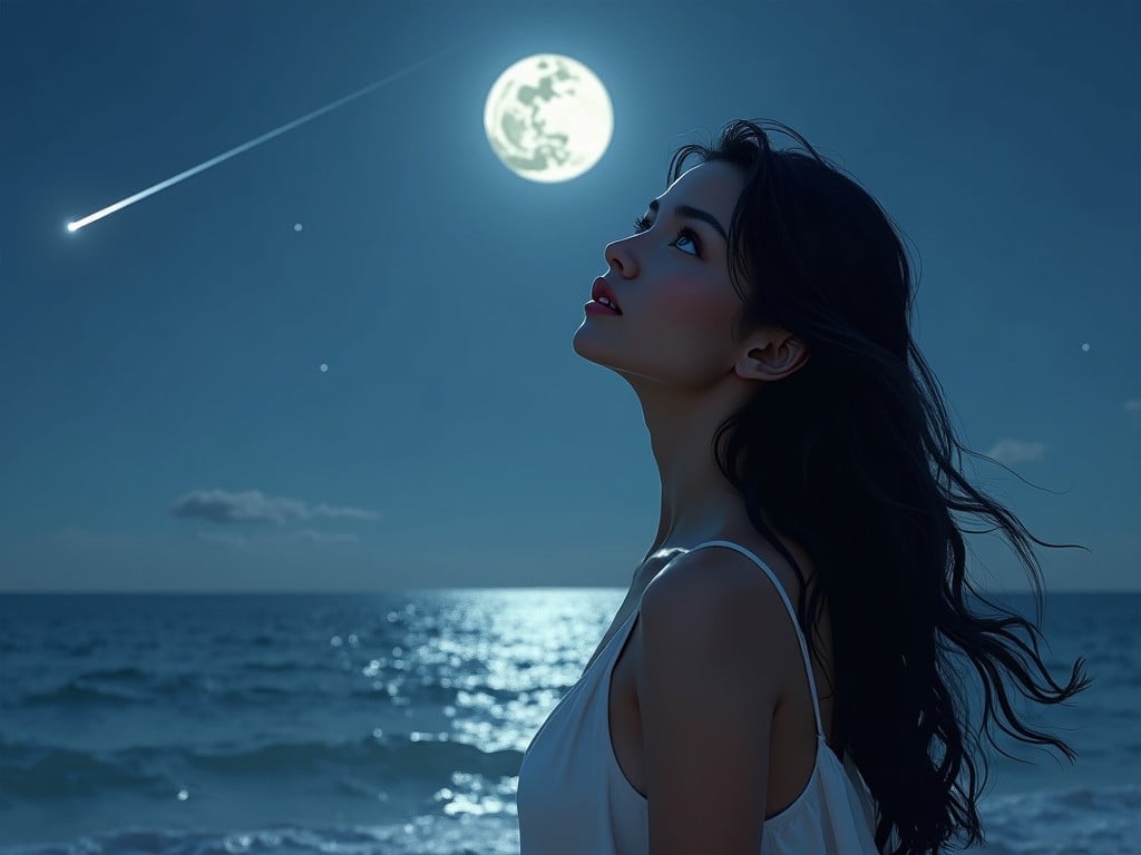 A young woman gazes at the moonlit sky, her eyes following a shooting star, with the ocean in the background, under a serene night sky.