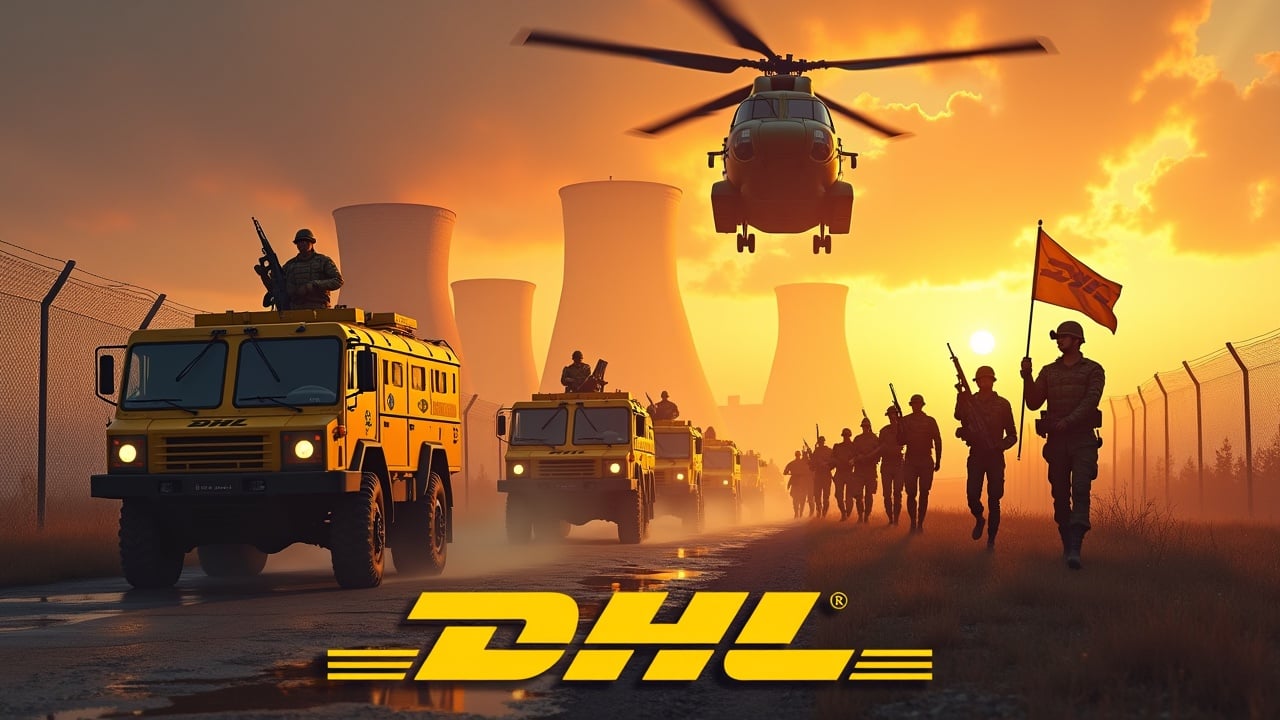 In this dramatic scene, yellow armoured military vehicles branded with the DHL logo approach a fenced area. Soldiers, equipped with rifles, march in formation, displaying a sense of unity and purpose. One brave soldier raises a flag prominently featuring the DHL logo. The backdrop includes a nuclear power plant silhouetted against a striking sunset. Above, a large Chinook helicopter, also emblazoned with DHL branding, flies in the sky. This intense imagery captures a moment of action and determination, showcasing DHL's commitment to service.