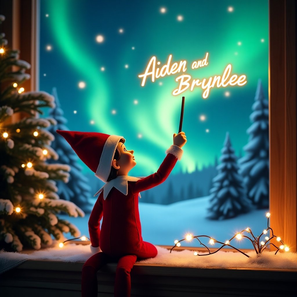 An enchanting Christmas scene featuring an elf on the shelf. The elf, dressed in red and white, faces the sky with his back to the viewer. He wields a magic wand, writing 'Aiden and Brynlee' in glowing script above him. The backdrop includes vibrant northern lights, enhancing the magical atmosphere. Soft fairy lights adorn the scene, contributing to the festive ambiance. This image captures the joy and wonder of the holiday season, perfect for evoking Christmas spirit.