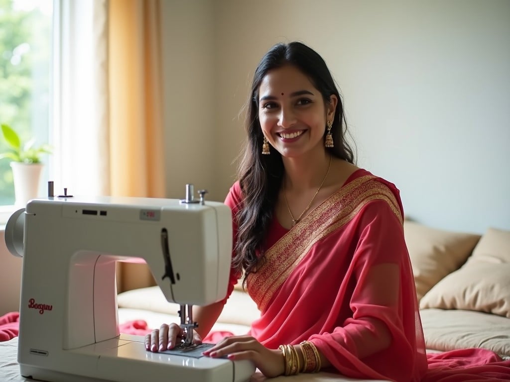 A woman in traditional Indian attire sitting at a sewing machine, smiling, with a soft lit background showing a cozy room setting.