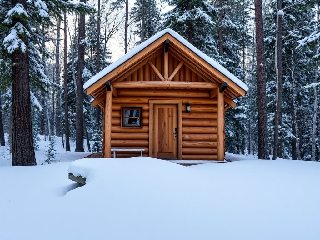 A quaint wooden cabin sits amidst a tranquil snow-covered forest, its warm hues of timber contrasting with the cool, white and blue tones of the snow and sky. The structure, with its rustic charm, is framed by tall pine trees dusted with fresh snowfall, evoking a sense of solitude and serenity in the winter wilderness.