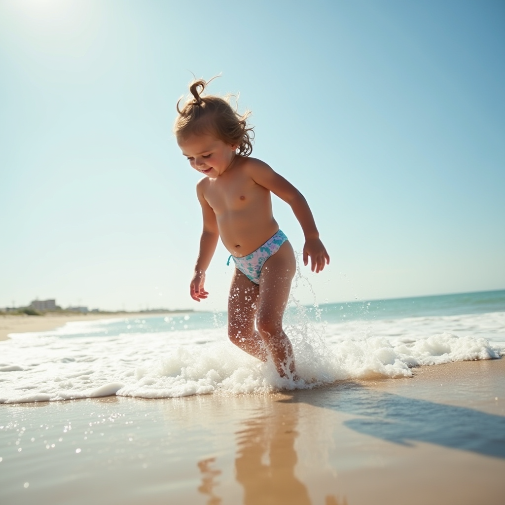 A young child with short hair plays joyfully amidst the gentle waves on a sunny beach, casting a playful shadow on the wet sand.