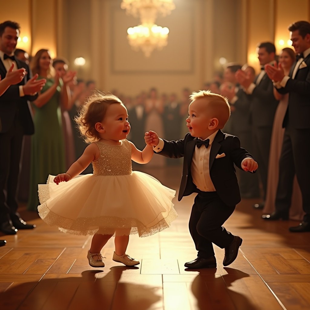 In ultra-realistic live-action style, two adorable chubby babies, a boy and a girl, dance gracefully at a grand ball. The girl twirls happily in a glamorous dress adorned with glittering sequins and adorable shoes, while the boy dutifully wears a perfectly tailored suit with a tiny bow tie and polished leather shoes. The crowd surrounding them is mesmerized by the intense and rhythmic movements of the two babies, and applauds thunderously. The lighting is a warm golden glow that accentuates the elegance of the polished wooden dance floor and ornate vintage ballroom. Full-length cinematic shots create a heartwarming and enchanting scene.