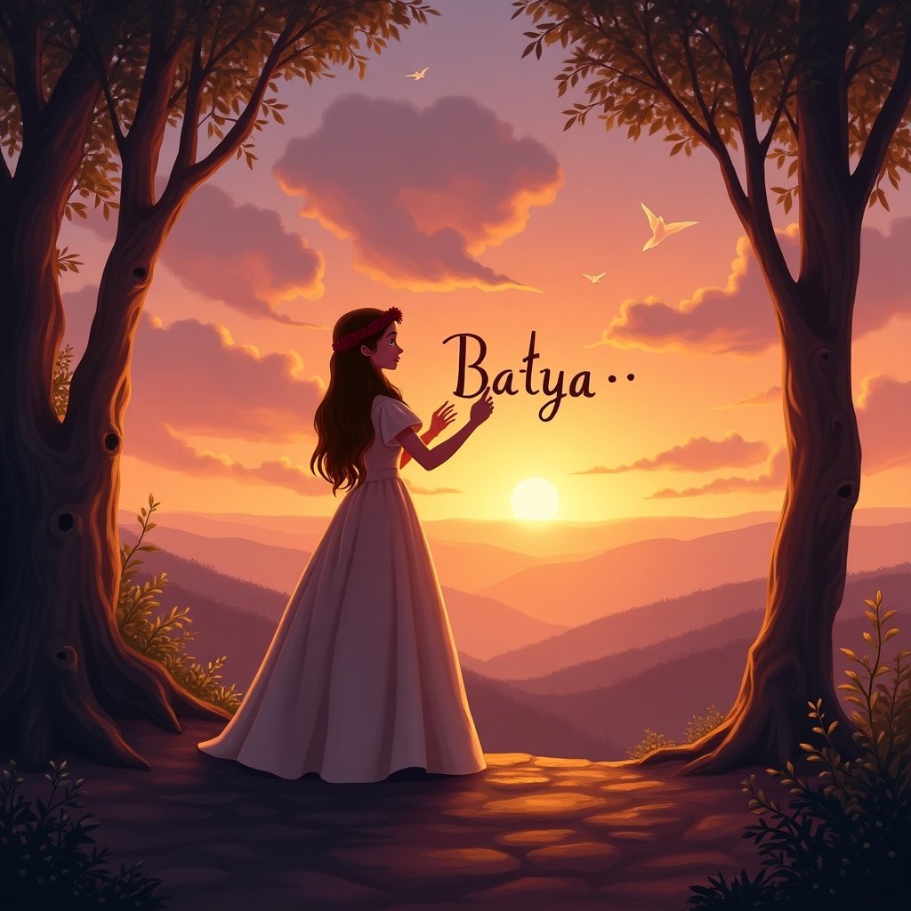 The image depicts a breathtaking scene reminiscent of a Disney fairy tale. A princess, styled like Belle, stands gracefully, writing 'Batya' in the sky as the sun sets behind her. The warm hues of the sunset create a magical atmosphere, while the silhouettes of trees frame her figure. Gentle clouds float in the evening sky, complementing the enchanting vibe. This picturesque moment evokes a sense of nostalgia and wonder, capturing the heart of classic fairy tales.