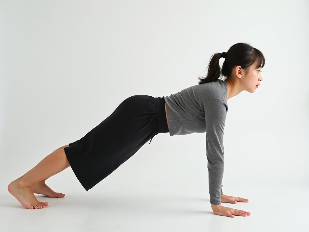 The image depicts a young woman in a yoga plank position, emphasizing her commitment to fitness and health. She wears a fitted gray top and black shorts, showcasing a neutral and focused atmosphere. The background is plain white, drawing attention to her form and posture. Her expression is serene, embodying concentration and determination. This visual serves as an ideal representation of strength and wellness in physical practice.