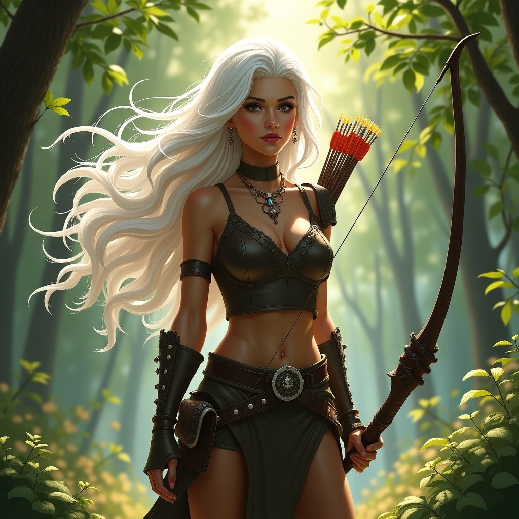 A stunning female archer stands poised in a lush, green forest. She has long, flowing white hair and wears a fitted leather outfit that accentuates her athletic form. An ornate bow is held in her hand, and a quiver filled with arrows rests at her side. Sunlight filters through the trees, casting a magical glow around her. The atmosphere feels adventurous and enchanting, inviting viewers into a world of fantasy and exploration.