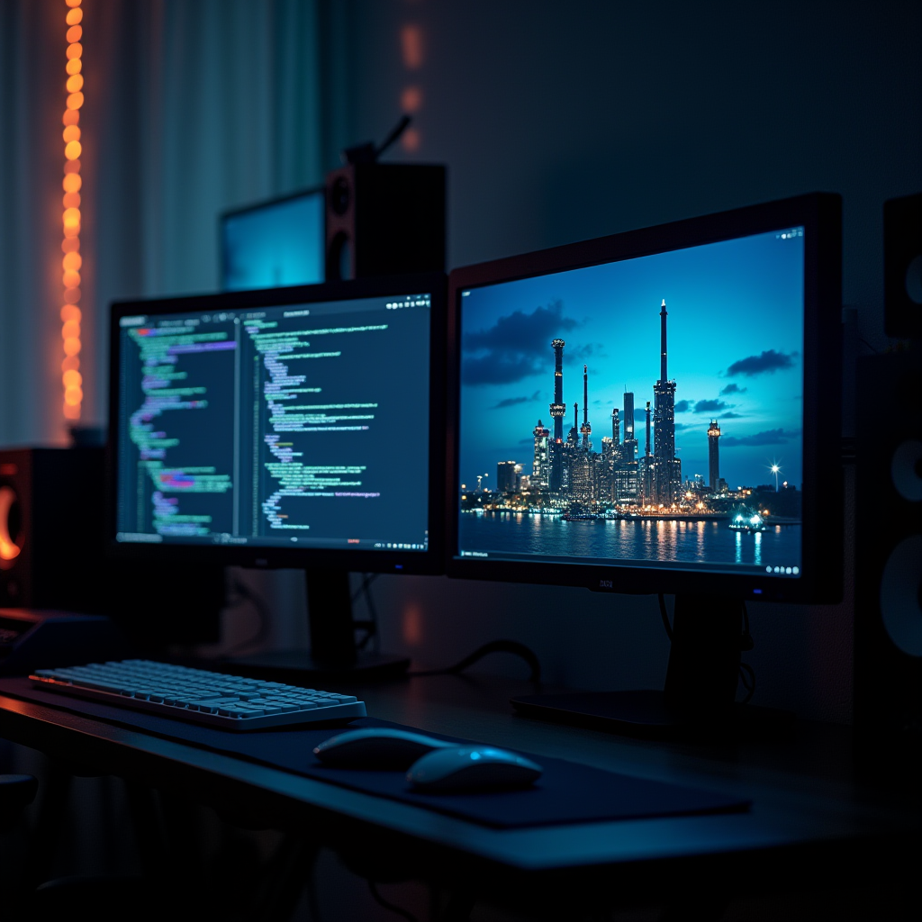 A dual-monitor setup displaying code and a city skyline at dusk.