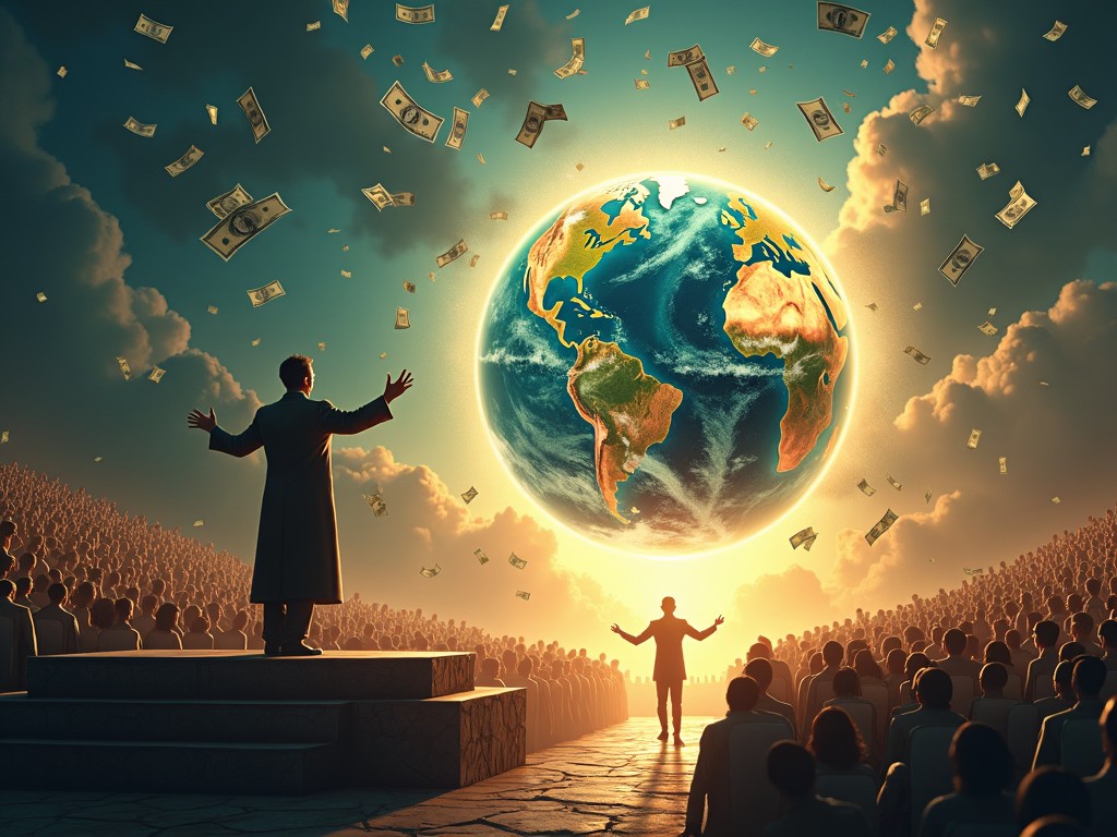 A digital illustration depicting a glowing Earth surrounded by floating money, with silhouetted figures addressing a large audience, symbolizing global economy and financial influence.