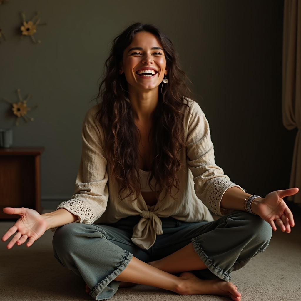 A woman with long, wavy hair is sitting cross-legged on the floor, smiling brightly.