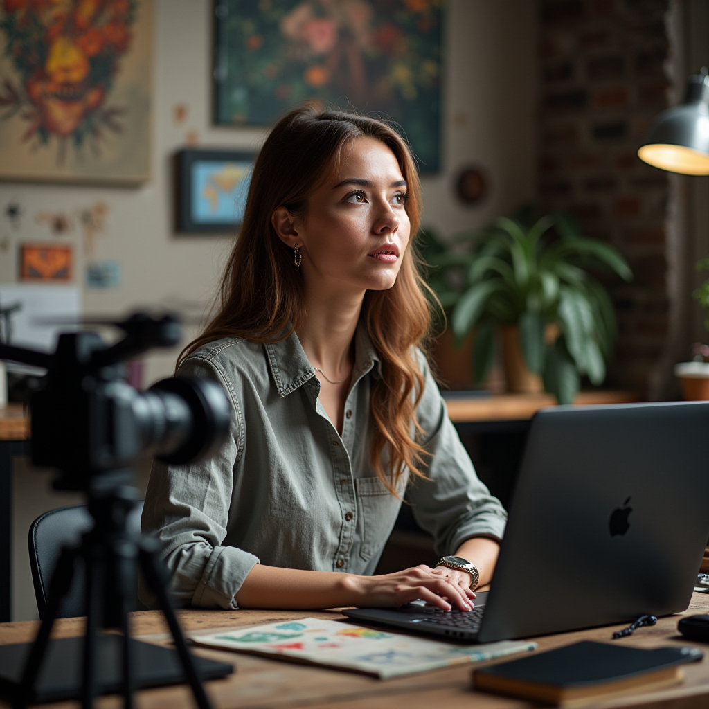 A young woman sits in an artistic studio, intently working on her laptop, with a camera and art supplies nearby.