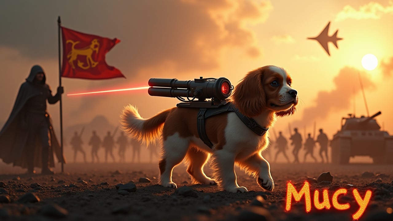 In a dramatic and awe-inspiring scene, a fluffy brown and white cavalier king charles spaniel walks across a dark, desolate battlefield. There is a laser cannon strapped to its back, firing a bright red beam. Nearby, a figure wearing a cloak stands valiantly holding a flag with a dog emblem. In the background are a multitude of small soldiers holding rifles as well as tanks, barely visible among the shadows. The sky is lit by the bright radiance of the sun. A jet fighter passes overhead. At the bottom, we see the text 'Mucy' boldly displayed, in fiery writing.