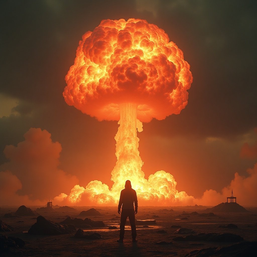 This image depicts a dramatic nuclear explosion in a desolate landscape. The scene features a massive mushroom cloud billowing into the sky, illuminated in vivid oranges and reds. The foreground shows a lone figure standing amidst the devastation, emphasizing the enormous scale of the explosion. Dark clouds loom ominously in the backdrop, creating a stark contrast with the fiery explosion. The overall atmosphere evokes feelings of chaos and despair, characteristic of apocalyptic scenarios.