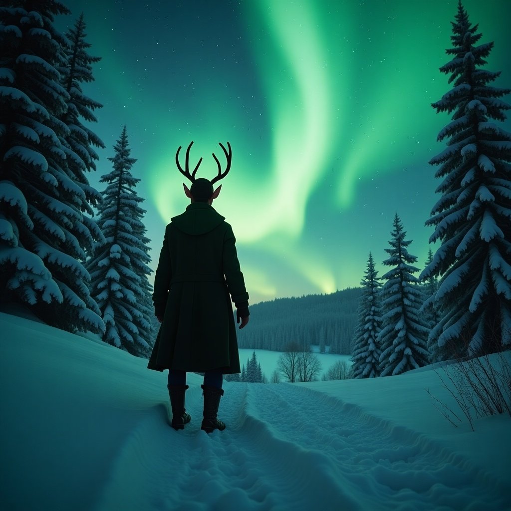 A mystical scene depicting an elf standing in a snow-covered forest. The vibrant northern lights illuminate the sky in shades of green and blue. The elf, adorned with antlers, gazes in awe at the spectacle above. Snow-laden trees surround him, creating a serene winter wonderland. The mood is magical and peaceful, inviting viewers to experience the beauty of nature's wonders.