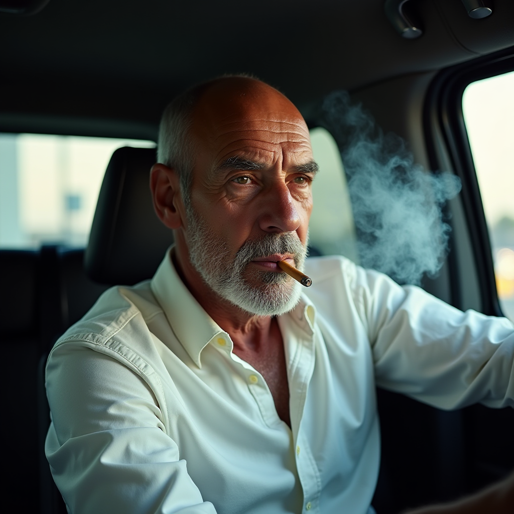 An older man with a cigar, deep in thought, sits in the driver's seat of a car.