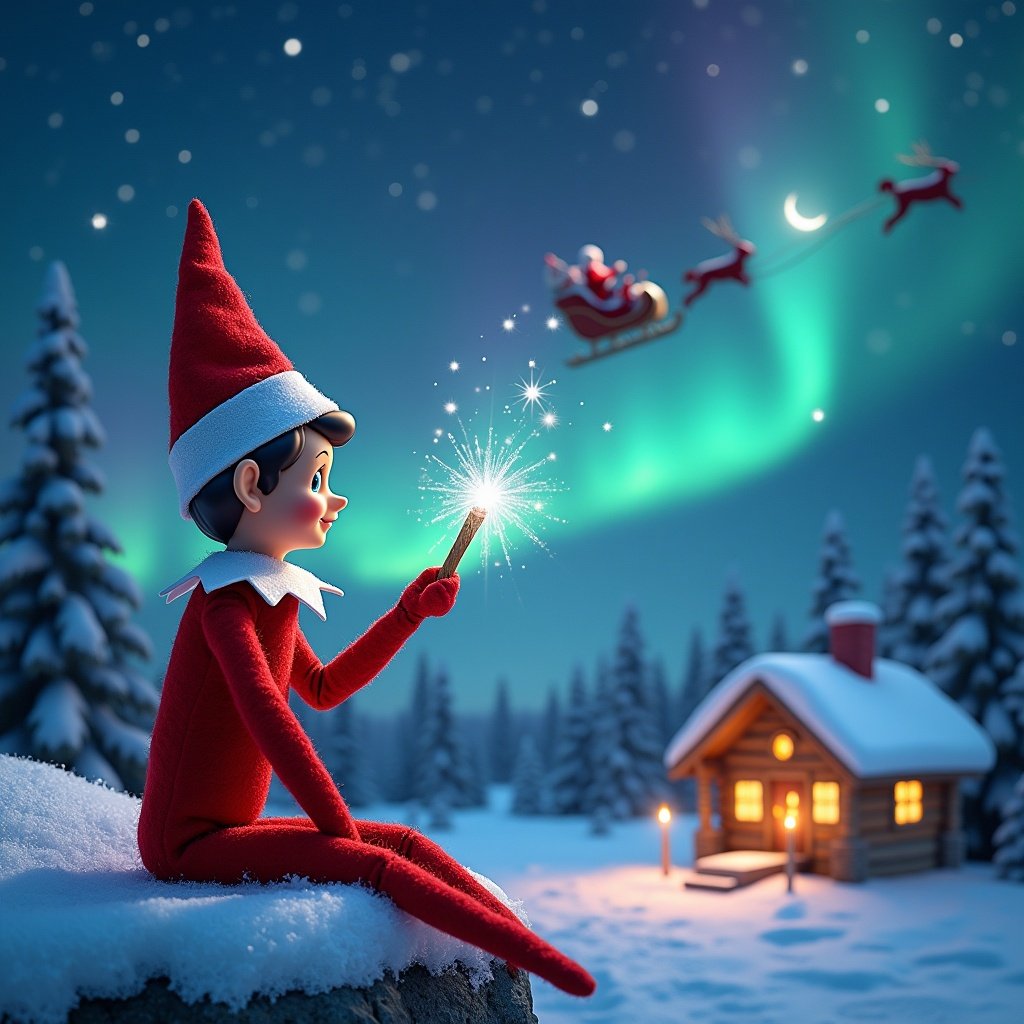 This enchanting scene features an elf on the shelf sitting on a snowy ledge, facing away from the viewer. The elf gazes up into a beautiful night sky filled with twinkling stars and vibrant northern lights. He holds a sparkling wand, writing names in the air to create a magical effect. In the background, a cozy cabin glows warmly, evoking a sense of holiday comfort. Santa and his sleigh can be seen flying across the sky, adding to the festive atmosphere.