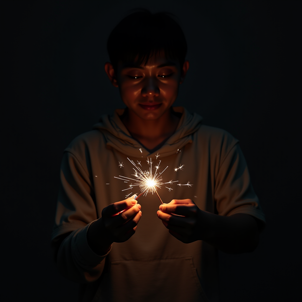 A person gently holding a glowing sparkler in the dark, creating a magical and intimate moment.