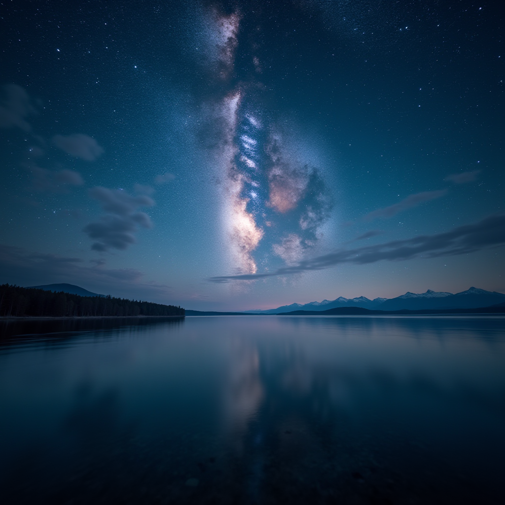 A vibrant night sky with the Milky Way reflects on a still mountain lake.