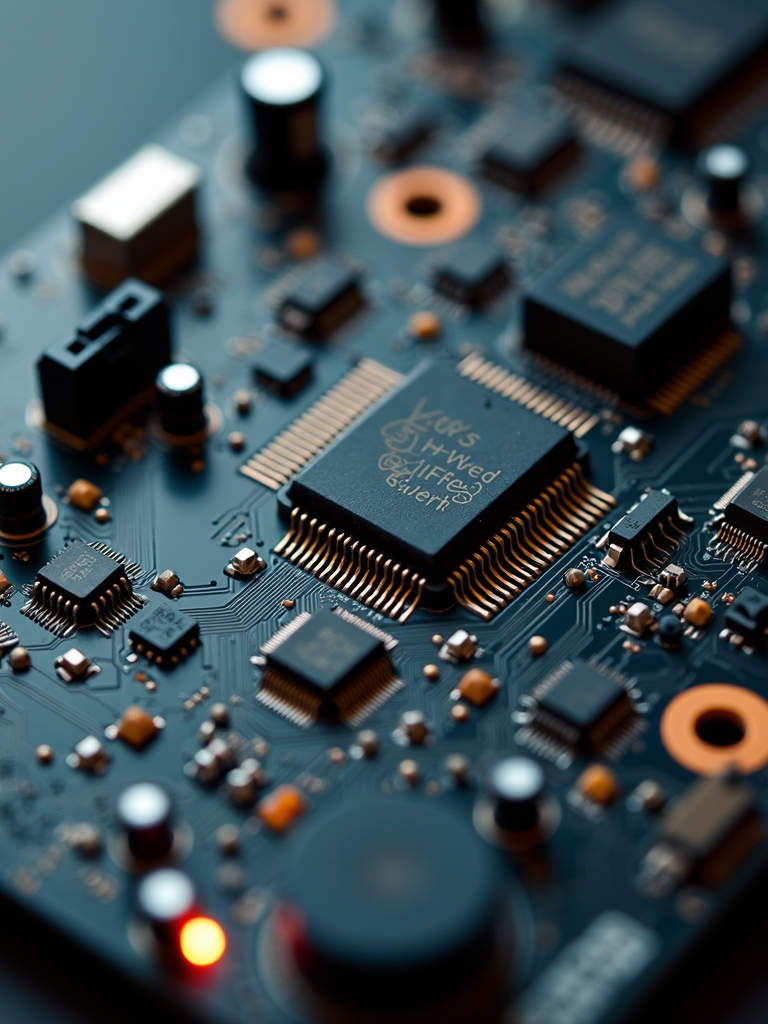 A close-up view of a printed circuit board with various electronic components intricately arranged.