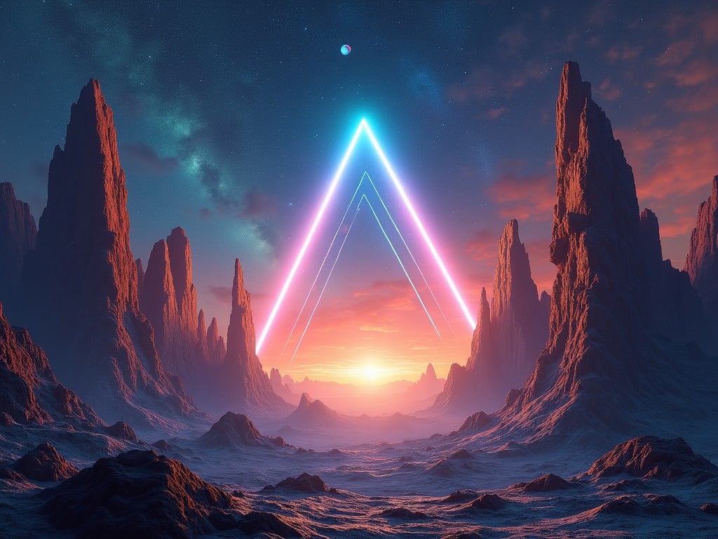 This image is an artwork designed for a space rock album. It features a surreal landscape filled with towering, jagged rock formations against a starry cosmic background. A glowing triangle emanates a bright light that illuminates the scene. Stars and planets can be seen drifting in the dark sky, reflecting otherworldly light and mirroring vanishing polyhedral shapes. The colors transition beautifully from deep blues to bright oranges, creating an electrifying atmosphere. The overall vibe is psychedelic and futuristic, embodying the essence of space exploration and musical energy.