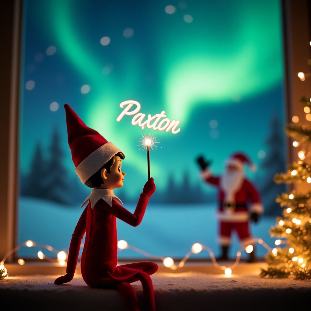 An adorable scene captures an Elf on the Shelf with his back to the viewer. He is facing a breathtaking nighttime sky illuminated by the northern lights. The elf, dressed in traditional holiday attire, is using a magic wand to elegantly write the name Paxton in the air. In the background, Santa Claus joyfully waves, creating a sense of wonder and joy. The scene is completed with decorative Christmas elements like a beautifully lit tree and twinkling fairy lights, evoking a festive spirit.