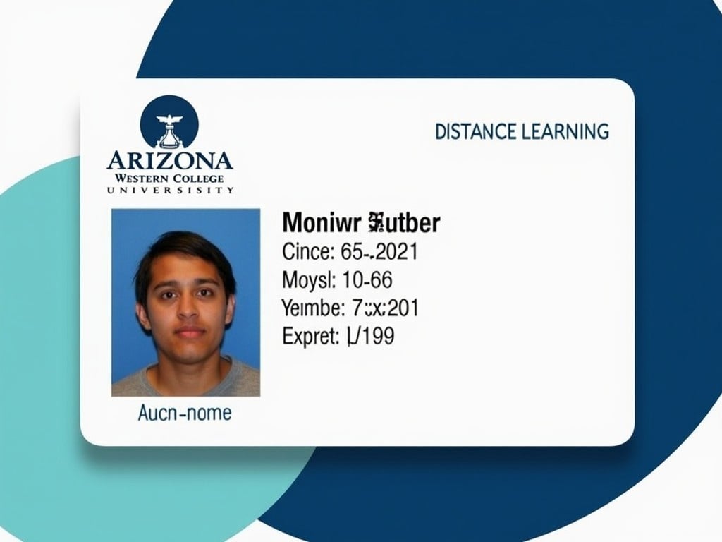 The image depicts a student ID card from Arizona Western College. The card is designed with a blue and white color scheme, featuring the university's logo at the top left corner. Below the logo, the card indicates that it is for distance learning. It displays the student's name, identification number, and expiration information. The student’s photograph shows a neutral expression, contributing to the formal nature of the ID. The background enhances the university branding, making it visually appealing.