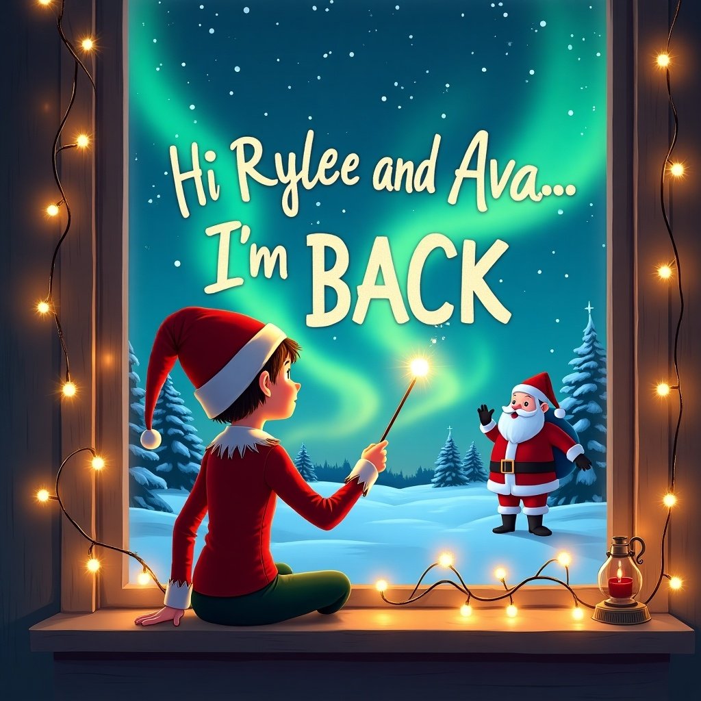 This illustration captures a whimsical and festive scene featuring an elf on the shelf. The elf is seated with its back to the viewer, looking out a cozy window. It holds a shimmering wand, magically inscribing 'Hi Rylee and Ava, I'm BACK' across the starlit night sky. In the distance, a cheerful Santa Claus is visible under the beautiful display of northern lights. The atmosphere is joyous and enchanted, with twinkling fairy lights framing the window, enhancing the holiday spirit.