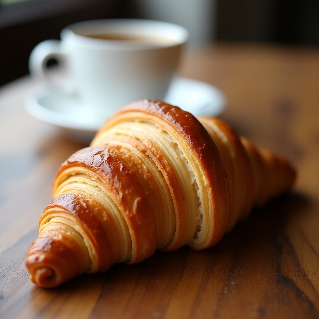 This image features a freshly baked French butter croissant resting on a wooden table. The croissant showcases a golden, flaky exterior with multiple layers that reveal its buttery texture. In the background, a white cup and saucer containing coffee is slightly out of focus, enhancing the cozy atmosphere. The natural light softly illuminates the scene, emphasizing the warm colors of the pastry. This inviting setup suggests a perfect breakfast or coffee break.