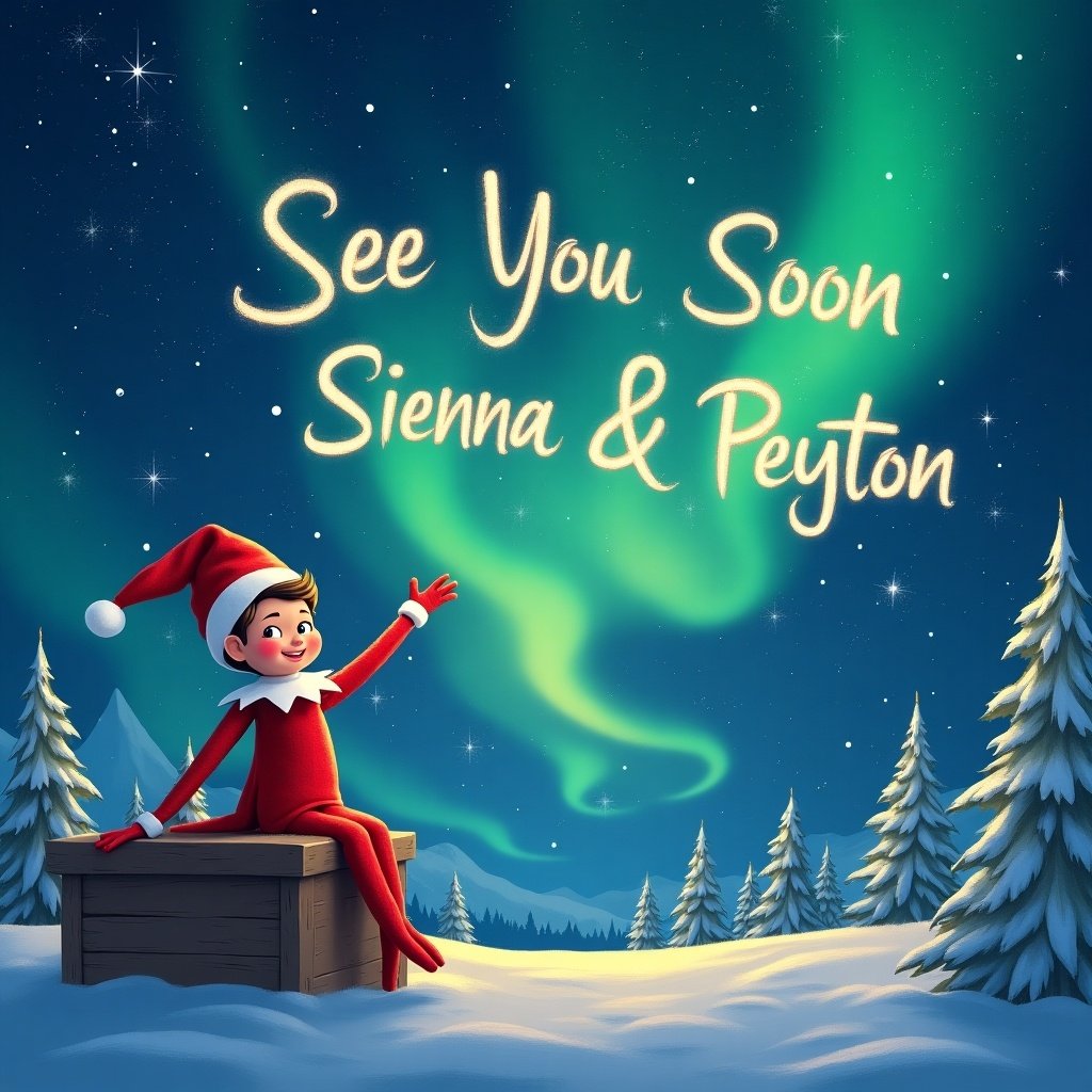 This festive image features an elf sitting on a wooden box, waving joyfully. The sky is illuminated by beautiful northern lights in shades of green and blue. Above the elf, the text "See You Soon Sienna & Peyton" is written in a whimsical font. Snowy trees surround the scene, creating a winter wonderland atmosphere. The overall feeling of the illustration is cheerful and magical, perfect for the holiday season.