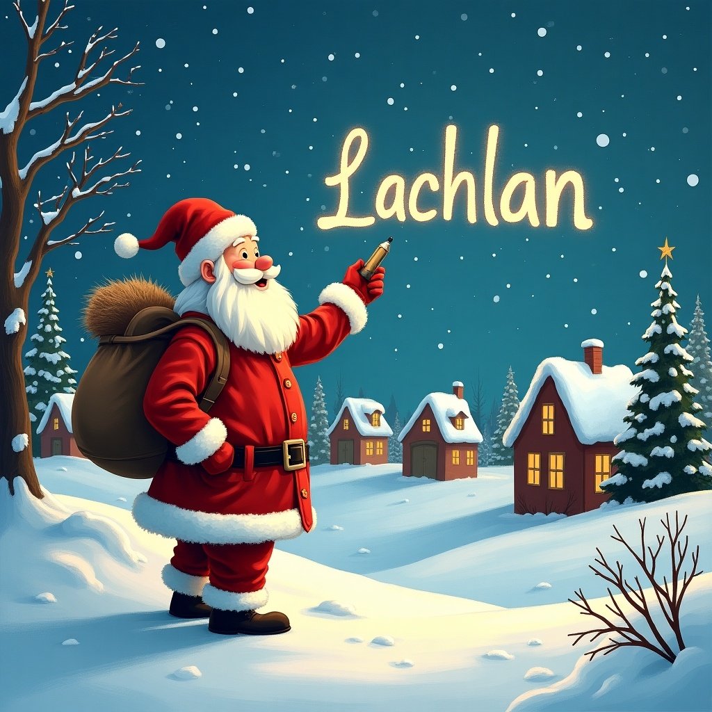 In this enchanting winter scene, Santa Claus is dressed in his iconic red suit, complete with a fluffy white beard and a large sack over his shoulder. He's standing in a snowy village, pointing up at the sky where he is magically writing the name 'Lachlan' with glowing light. Snowflakes gently fall around him, and charming wooden houses with warm lights can be seen in the background, surrounded by evergreen trees. The overall atmosphere is festive and joyful, capturing the spirit of Christmas. This image embodies the wonder of the holiday season, inviting feelings of happiness and nostalgia.