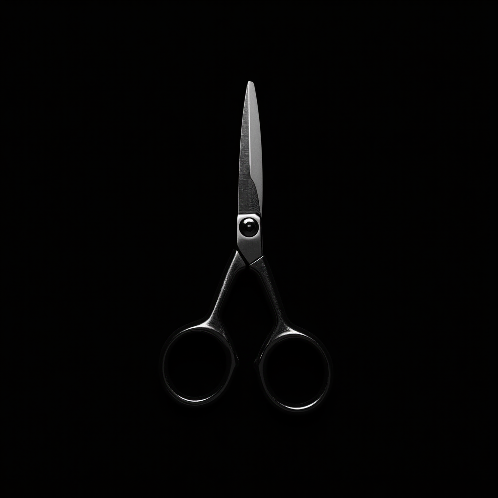 A pair of stainless steel scissors is elegantly showcased against a stark black background, highlighting its sharp, sleek design and shiny surface.